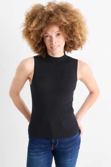 Dames - Topje met rolkraag - ribstof - zwart