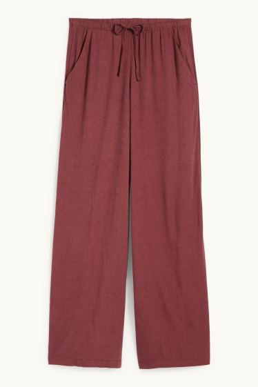 Women - Cloth trousers with linen content - mid-rise waist - wide leg - bordeaux