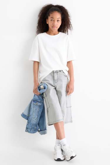 Enfants filles - Bermuda cargo en jean - jean gris clair