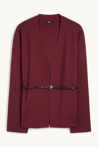 Women - Cardigan with belt - dark red