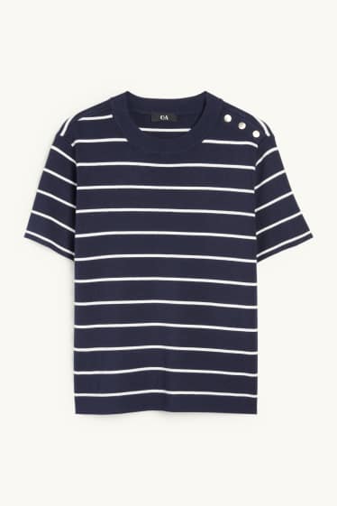 Dámské - Pletený svetr - s krátkým rukávem - pruhovaný - tmavomodrá