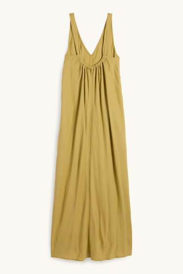 Women - V-neck dress - linen blend - khaki