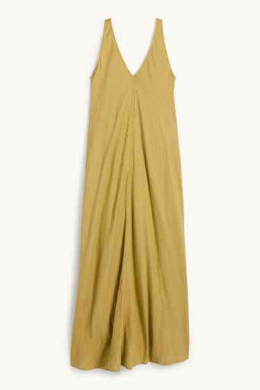 Women - V-neck dress - linen blend - khaki