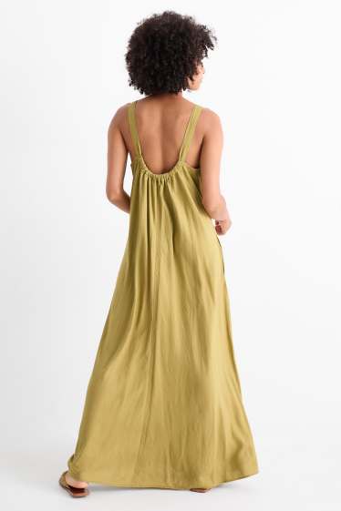 Women - V-neck dress - linen blend - khaki