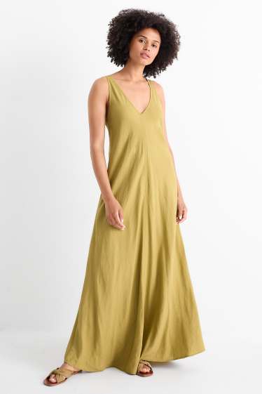 Women - V-neck dress - linen blend - khaki