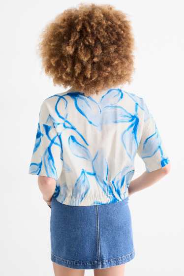 Donna - Blusa con scollo a V - fantasia - bianco / azzurro