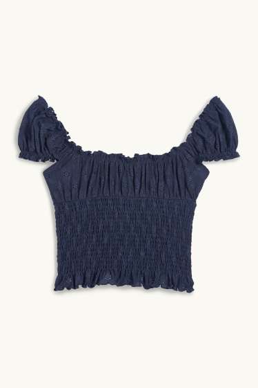 Dames - Korte top - broderie Anglaise - gesmokt - donkerblauw