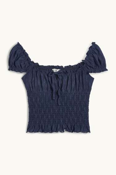 Dames - Korte top - broderie Anglaise - gesmokt - donkerblauw