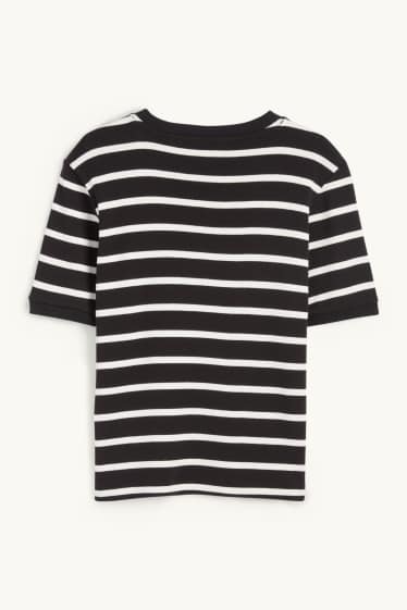 Women - Knitted jumper - short sleeve - striped - black / white