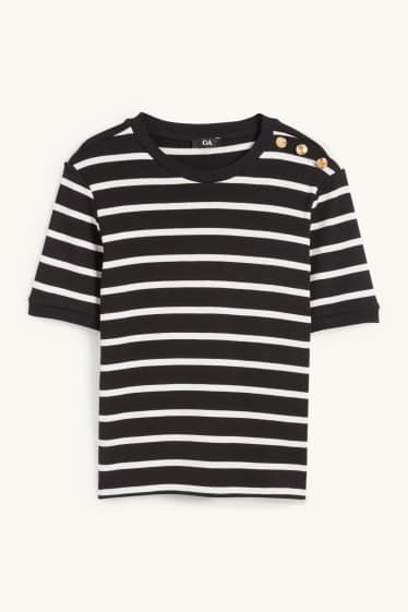 Women - Knitted jumper - short sleeve - striped - black / white