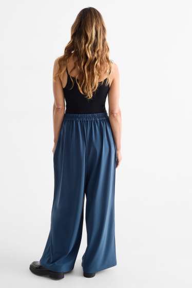 Women - Jersey trousers - high-rise waist - wide leg - dark blue