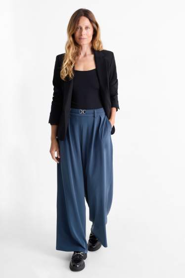 Women - Jersey trousers - high-rise waist - wide leg - dark blue