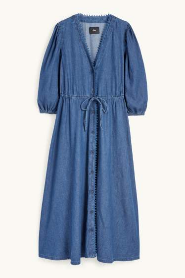 Women - V-neck denim dress - dark blue