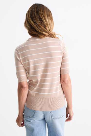 Dames - Gebreide trui - korte mouwen - gestreept - roze