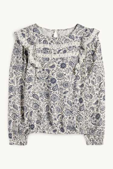 Niñas - Blusa - de flores - azul / blanco