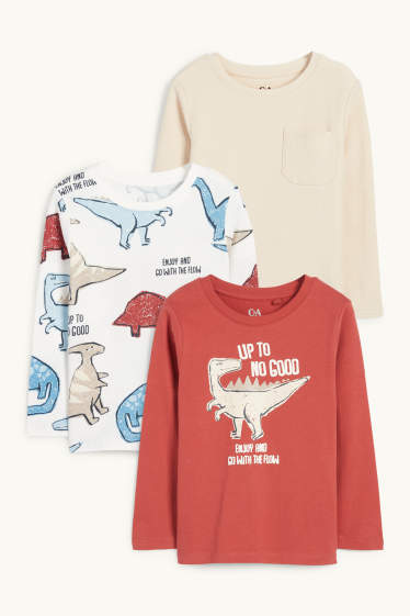 Kinderen: jongens - Set van 3 - dino - longsleeve - donker oranje