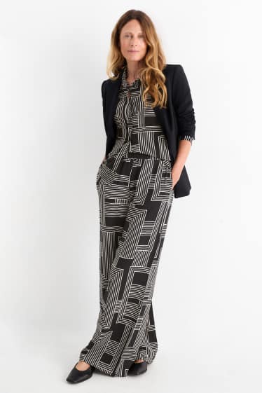 Femmes - Pantalon en toile - high waist - wide leg - à motif - noir / blanc