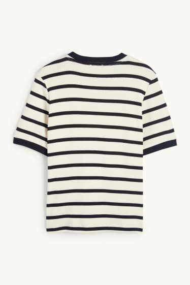 Women - Knitted jumper - short sleeve - striped - black / beige