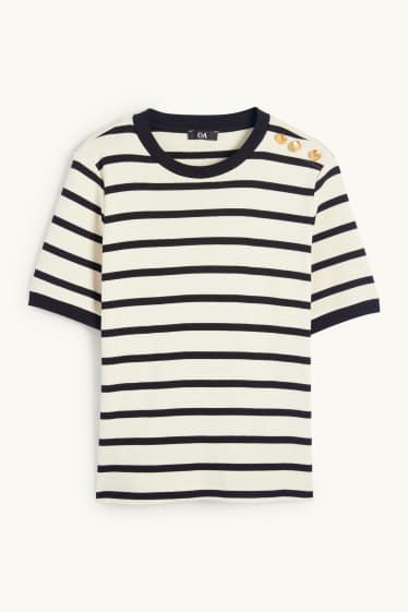 Women - Knitted jumper - short sleeve - striped - black / beige