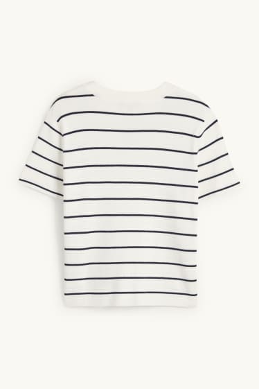 Femei - Pulover tricotat - mânecă scurtă - cu dungi - albastru închis / alb-crem