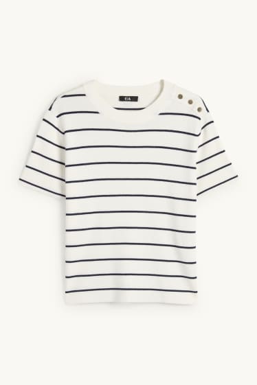 Femei - Pulover tricotat - mânecă scurtă - cu dungi - albastru închis / alb-crem