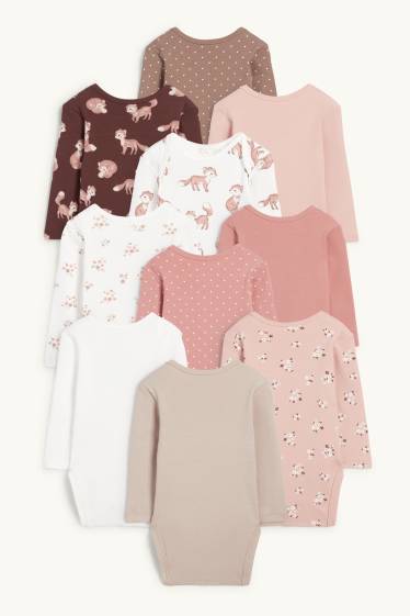 Baby: meisjes - Set van 10 - bloemetje en vos - rompertje - donker rose