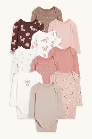 Baby: meisjes - Set van 10 - bloemetje en vos - rompertje - donker rose