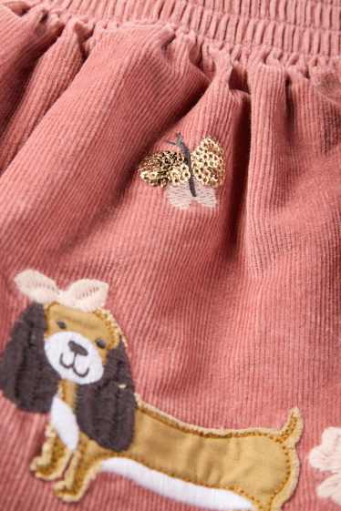 Kinderen: meisjes - Bloem, poesje en hondje - rokje van corduroy - donker rose