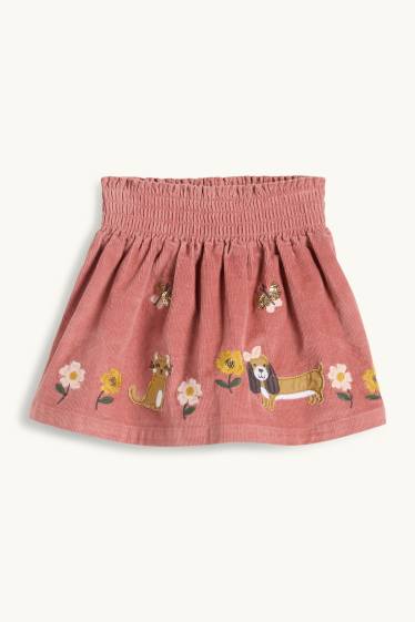 Kinderen: meisjes - Bloem, poesje en hondje - rokje van corduroy - donker rose