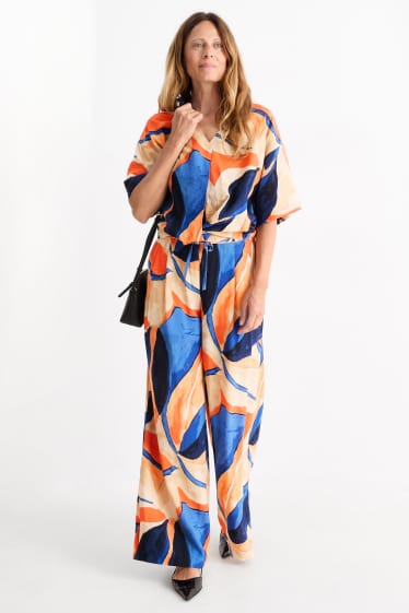 Femmes - Pantalon de toile - high waist - wide leg - à motif - orange / bleu