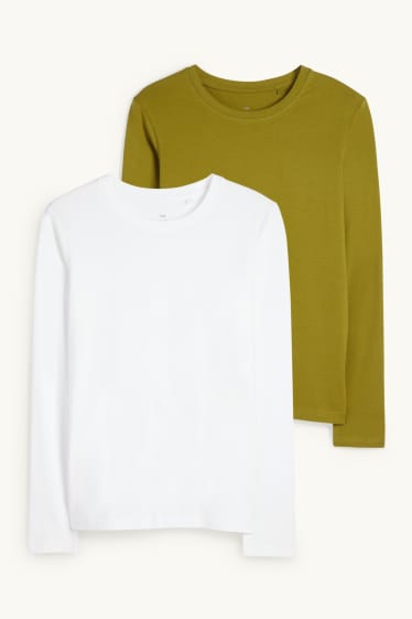 Femmes - Lot de 2 - hauts à manches longues - vert foncé / blanc