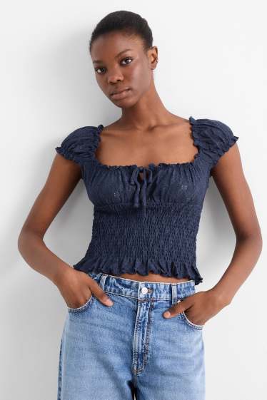 Dames - Korte top - broderie Anglaise - gesmokt - donkerblauw