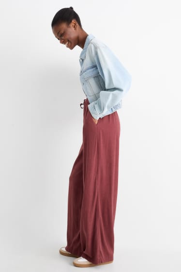 Women - Cloth trousers with linen content - mid-rise waist - wide leg - bordeaux