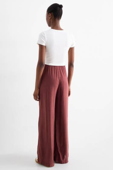 Women - Cloth trousers with linen content - mid-rise waist - wide leg - bordeaux