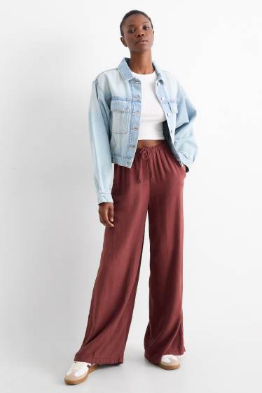 Women - Cloth trousers with linen content - mid-rise waist - wide leg - bordeaux