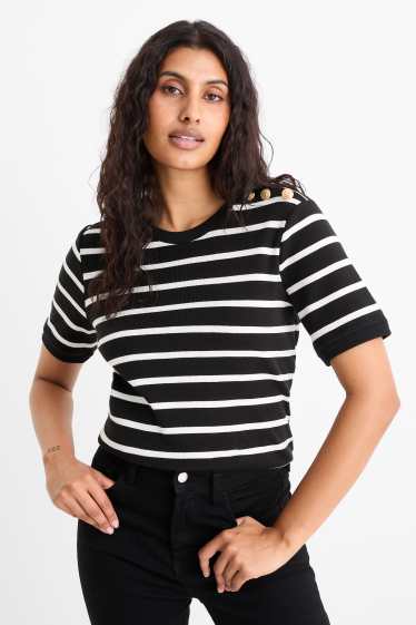 Women - Knitted jumper - short sleeve - striped - black / white