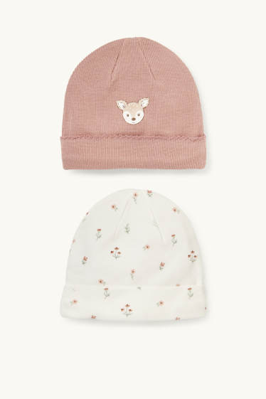Bébés filles - Lot de 2 - fleur et faon - bonnet rond pour bébé - blanc crème