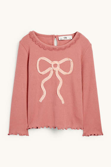 Children Girls - Bow - long sleeve top - ribbed - dark rose