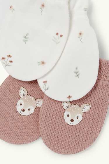 Neonate - Confezione da 2 - motivo fiori e cerbiatti - guanti antigraffio - rosa scuro