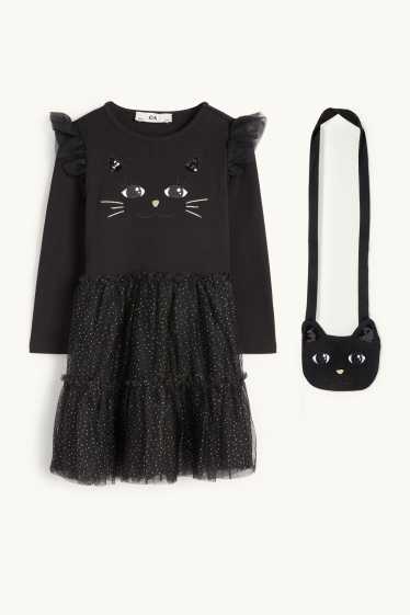 Children Girls - Cat - set - dress and bag - 2 piece - black