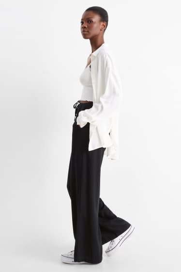 Damen - Stoffhose mit Leinen-Anteil - Mid Waist - Wide Leg - schwarz