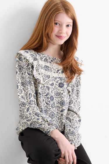Niñas - Blusa - de flores - azul / blanco