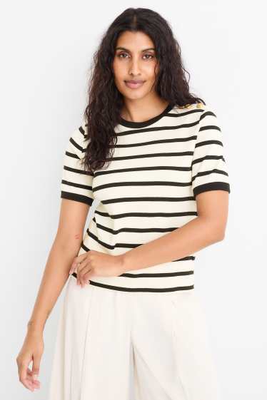 Women - Knitted jumper - short sleeve - striped - black / beige