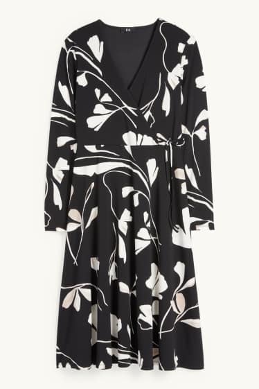 Dames - Wikkeljurk - gebloemd - zwart / wit