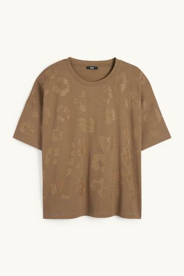 Femmes - T-shirt orné de strass - regular fit - kaki