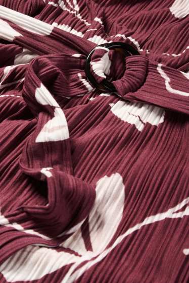 Women - Pleated wrap dress with belt - floral - bordeaux