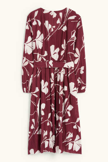 Women - Pleated wrap dress with belt - floral - bordeaux