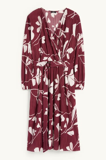 Women - Pleated wrap dress with belt - floral - bordeaux