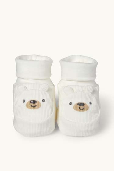 Unisex - Bärchen - Baby-Krabbelschuhe - gerippt - weiss