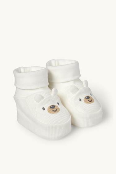 Unisex - Bärchen - Baby-Krabbelschuhe - gerippt - weiss